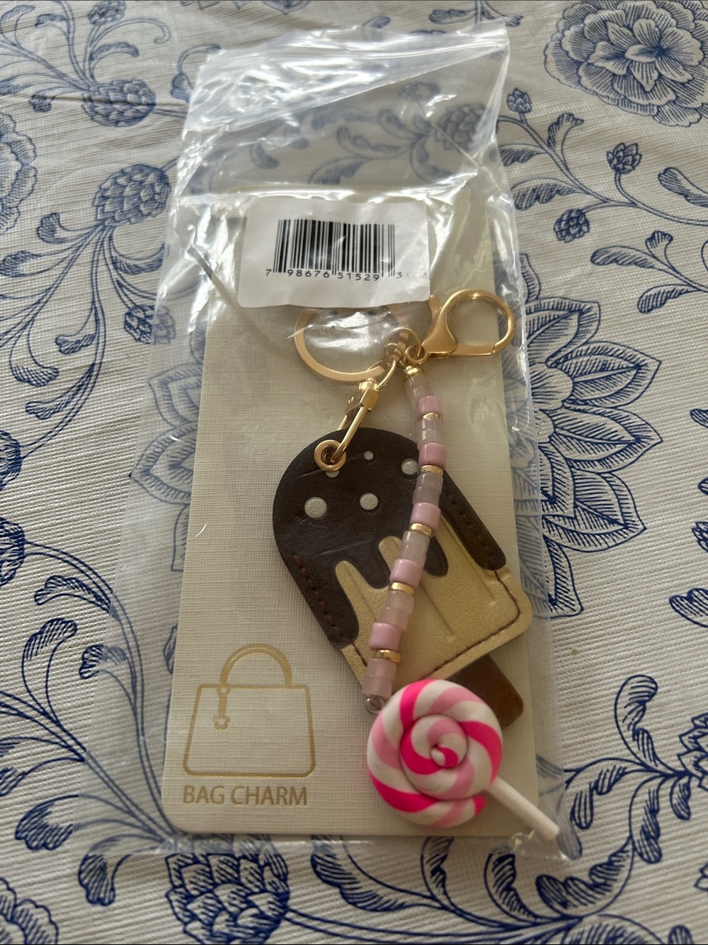 Gold-Tone Ice Cream & Pink Lollipop Bag Charm Keychain